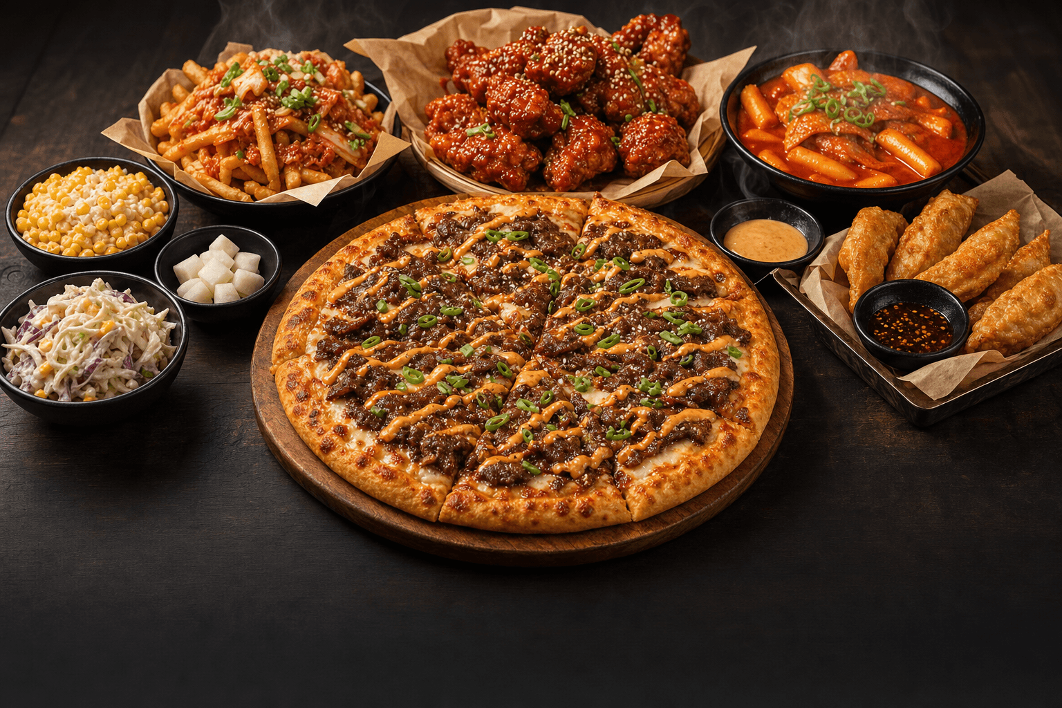 A Cluck & Dough spread of bulgogi pizza, glazed wings, and sides on a dark table